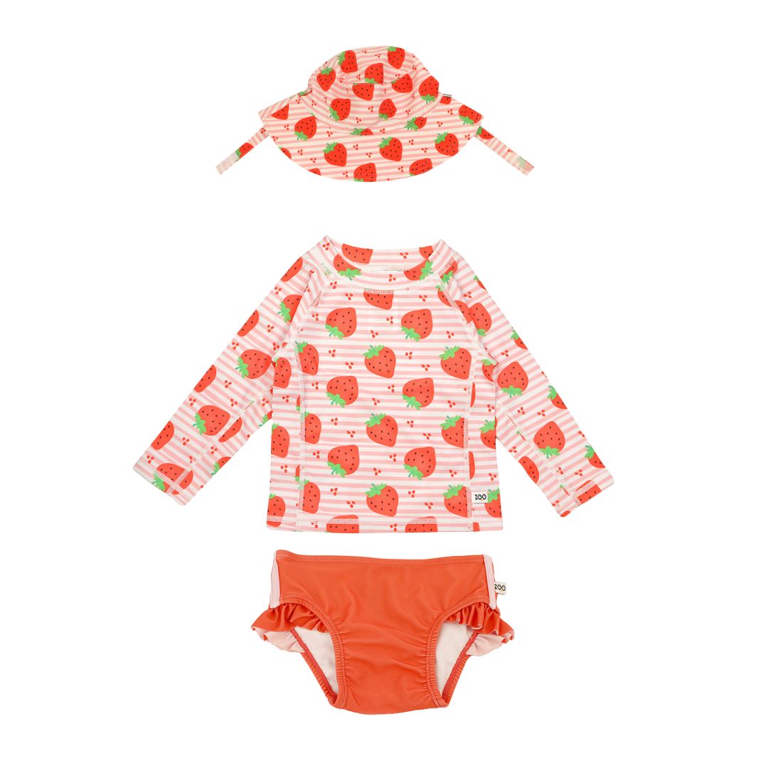 Σετ UV Μαγιώ Bucket Καπέλο Μπλούζα Strawberry