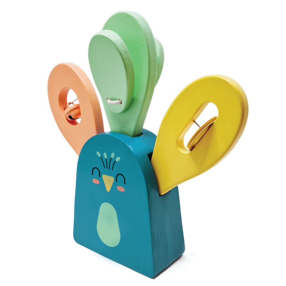 Ξύλινο Μουσικό Σετ ‘Παγώνι’ με Μαράκα, Ζίλιες, Κουδουνάκια και Καστανιέτα