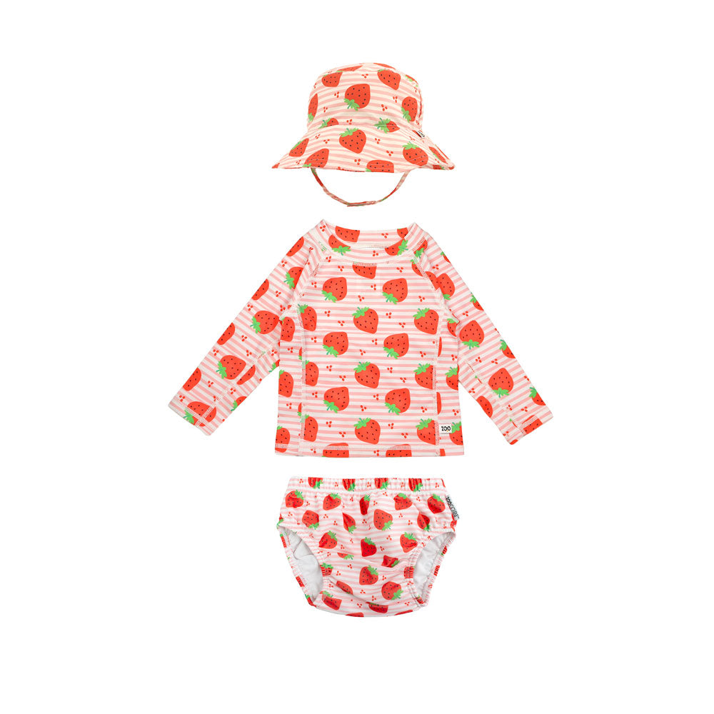 Σετ UV Μαγιώ Πάνα Bucket Καπέλο Μπλούζα Strawberry