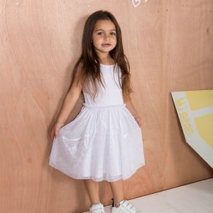 Minene Φόρεμα Άσπρο Πουά με Shiny Τούλι