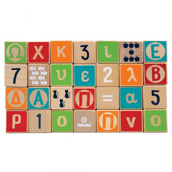 Ξύλινοι κύβοι οξιάς - λέξεις, αριθμοί και σχήματα